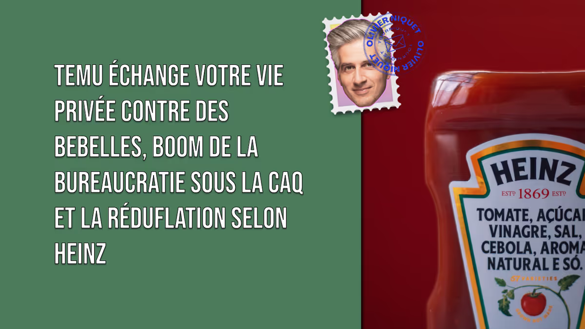 Temu échange votre vie privée contre des bebelles, boom de la bureaucratie sous la CAQ et la réduflation selon Heinz Image principale
