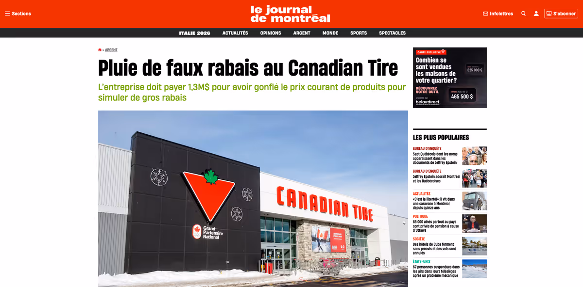 Canadian Tire condamné pour ses faux rabais Image principale