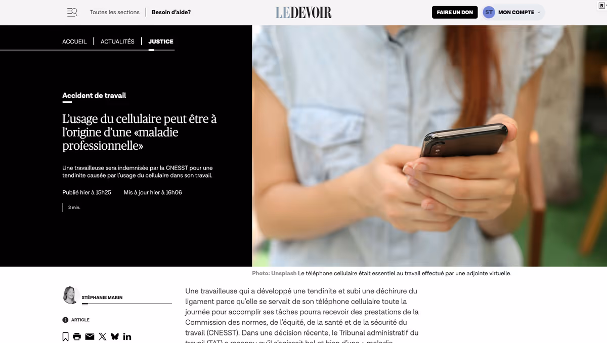 Indemnisée par la CNESST après s’être blessée en pitonnant trop sur son cellulaire Image principale